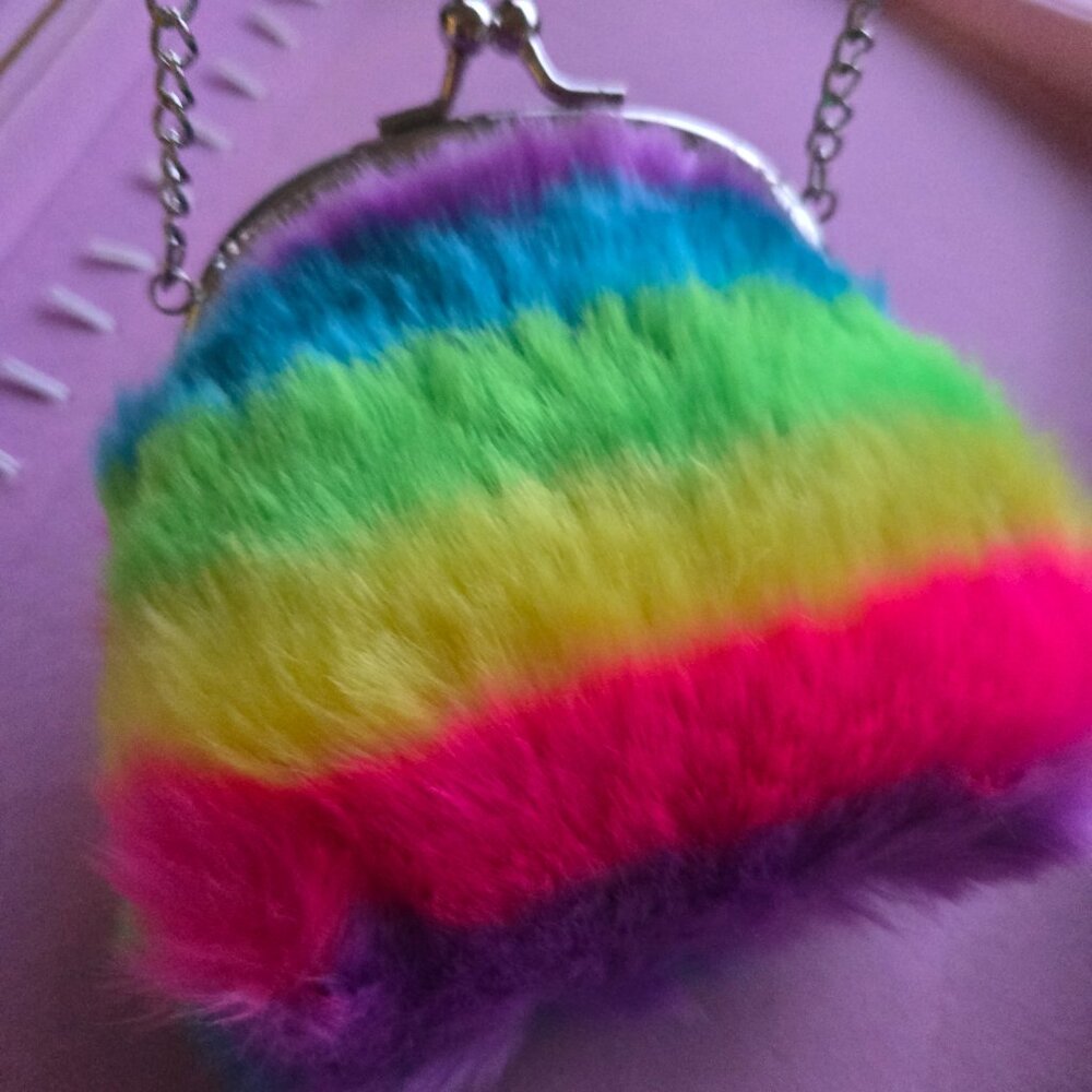 Plushie Rainbow Ombre Coin Purse Necklace Decora Faux Fur Kawaii Kitch Colorful - Picture 3 of 6